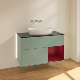 Тумба под раковину Villeroy & Boch Finion 100х50,1 см с подсветкой МДФ оливковый матовый лак/стекло черное матовое GA22HBGM