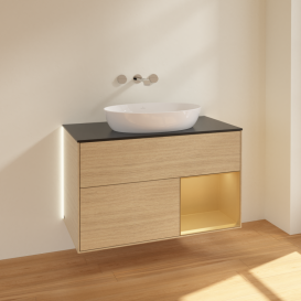 Тумба под раковину Villeroy & Boch Finion 100х50,1 см с подсветкой МДФ шпон дуба/стекло черное матовое GA22HFPC