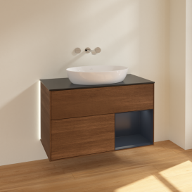 Тумба под раковину Villeroy & Boch Finion 100х50,1 см с подсветкой МДФ шпон грецкого ореха/стекло черное матовое GA22HGGN