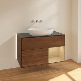 Тумба под раковину Villeroy & Boch Finion 100х50,1 см с подсветкой МДФ шпон грецкого ореха/стекло черное матовое GA22PCGN