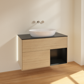 Тумба под раковину Villeroy & Boch Finion 100х50,1 см с подсветкой МДФ шпон дуба/стекло черное матовое GA22PDPC