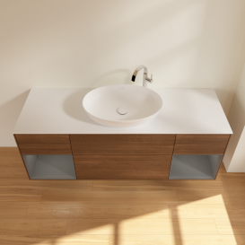 Тумба под раковину Villeroy & Boch Finion 160х50,1 см с подсветкой МДФ шпон грецкого ореха/стекло белое матовое G981GKGN