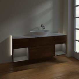 Тумба под раковину Villeroy & Boch Finion 160х50,1 см с подсветкой МДФ шпон грецкого ореха/стекло белое матовое G981GKGN