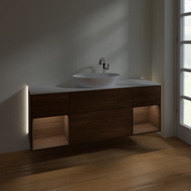 Тумба под раковину Villeroy & Boch Finion 160х50,1 см с подсветкой МДФ шпон грецкого ореха/стекло белое матовое G981GNGN