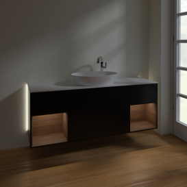 Тумба под раковину Villeroy & Boch Finion 160х50,1 см с подсветкой МДФ черный матовый лак/стекло белое матовое G981GNPD