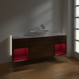 Тумба под раковину Villeroy & Boch Finion 160х50,1 см с подсветкой МДФ шпон грецкого ореха/стекло белое матовое G981HBGN