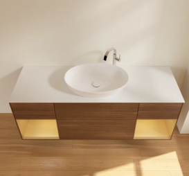 Тумба под раковину Villeroy & Boch Finion 160х50,1 см с подсветкой МДФ шпон грецкого ореха/стекло белое матовое G981HFGN