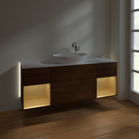 Тумба под раковину Villeroy & Boch Finion 160х50,1 см с подсветкой МДФ шпон грецкого ореха/стекло белое матовое G981HFGN