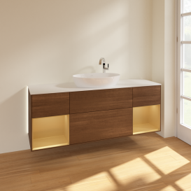 Тумба под раковину Villeroy & Boch Finion 160х50,1 см с подсветкой МДФ шпон грецкого ореха/стекло белое матовое G981HFGN