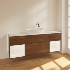 Тумба под раковину Villeroy & Boch Finion 160х50,1 см с подсветкой МДФ шпон грецкого ореха/стекло белое матовое G981MTGN