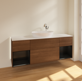 Тумба под раковину Villeroy & Boch Finion 160х50,1 см с подсветкой МДФ шпон грецкого ореха/стекло белое матовое G981PDGN