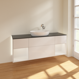 Тумба под раковину Villeroy & Boch Finion 160х50,1 см с подсветкой МДФ глянцевый белый лак/стекло черное матовое G982GFGF