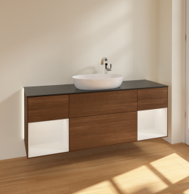 Тумба под раковину Villeroy & Boch Finion 160х50,1 см с подсветкой МДФ шпон грецкого ореха/стекло черное матовое G982GFGN