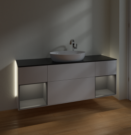 Тумба під раковину Villeroy & Boch Finion 160х50,1 см з підсвічуванням МДФ білий глянцевий лак/скло чорне матове G982GKGF