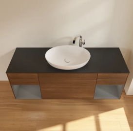 Тумба под раковину Villeroy & Boch Finion 160х50,1 см с подсветкой МДФ шпон грецкого ореха/стекло черное матовое G982GKGN