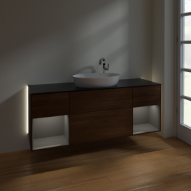 Тумба под раковину Villeroy & Boch Finion 160х50,1 см с подсветкой МДФ шпон грецкого ореха/стекло черное матовое G982GKGN