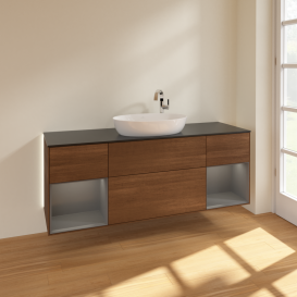 Тумба под раковину Villeroy & Boch Finion 160х50,1 см с подсветкой МДФ шпон грецкого ореха/стекло черное матовое G982GKGN