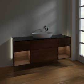 Тумба под раковину Villeroy & Boch Finion 160х50,1 см с подсветкой МДФ шпон грецкого ореха/стекло черное матовое G982GNGN