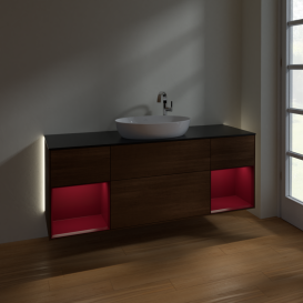 Тумба под раковину Villeroy & Boch Finion 160х50,1 см с подсветкой МДФ шпон грецкого ореха/стекло черное матовое G982HBGN