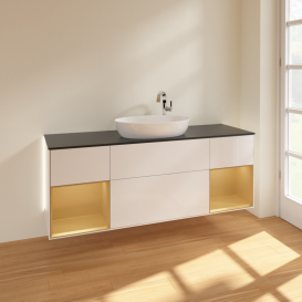 Тумба под раковину Villeroy & Boch Finion 160х50,1 см с подсветкой МДФ глянцевый белый лак/стекло черное матовое G982HFGF