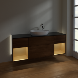 Тумба под раковину Villeroy & Boch Finion 160х50,1 см с подсветкой МДФ шпон грецкого ореха/стекло черное матовое G982HFGN