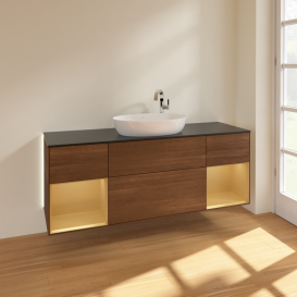 Тумба под раковину Villeroy & Boch Finion 160х50,1 см с подсветкой МДФ шпон грецкого ореха/стекло черное матовое G982HFGN