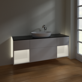 Тумба под раковину Villeroy & Boch Finion 160х50,1 см с подсветкой МДФ глянцевый белый лак/стекло черное матовое G982MTGF