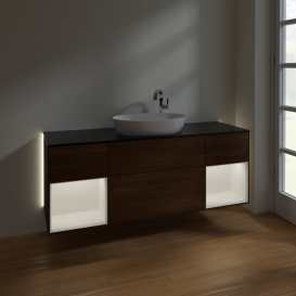 Тумба под раковину Villeroy & Boch Finion 160х50,1 см с подсветкой МДФ шпон грецкого ореха/стекло черное матовое G982MTGN