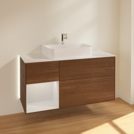 Тумба под раковину Villeroy & Boch Finion 120х50,1 см с подсветкой МДФ шпон грецкого ореха/стекло белое матовое G161MTGN