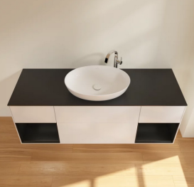 Тумба под раковину Villeroy & Boch Finion 160х50,1 см с подсветкой МДФ глянцевый белый лак/стекло черное матовое G982PDGF