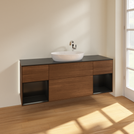 Тумба под раковину Villeroy & Boch Finion 160х50,1 см с подсветкой МДФ шпон грецкого ореха/стекло черное матовое G982PDGN