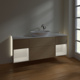 Тумба под раковину Villeroy & Boch Finion 160х50,1 см с подсветкой МДФ шпон дуба/стекло белое матовое G981GFPC