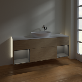 Тумба под раковину Villeroy & Boch Finion 160х50,1 см с подсветкой МДФ шпон дуба/стекло белое матовое G981GKPC