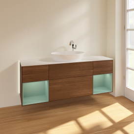 Тумба под раковину Villeroy & Boch Finion 160х50,1 см с подсветкой МДФ шпон грецкого ореха/стекло белое матовое G981GMGN