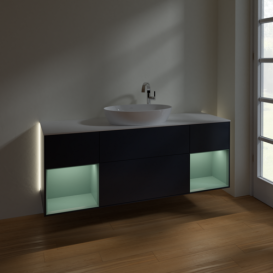 Тумба под раковину Villeroy & Boch Finion 160х50,1 см с подсветкой МДФ темно-синий матовый лак/стекло белое матовое G981GMHG