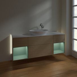 Тумба под раковину Villeroy & Boch Finion 160х50,1 см с подсветкой МДФ шпон дуба/стекло белое матовое G981GMPC