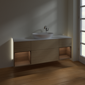 Тумба под раковину Villeroy & Boch Finion 160х50,1 см с подсветкой МДФ шпон дуба/стекло белое матовое G981GNPC