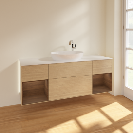 Тумба под раковину Villeroy & Boch Finion 160х50,1 см с подсветкой МДФ шпон дуба/стекло белое матовое G981GNPC