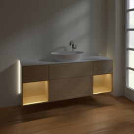 Тумба под раковину Villeroy & Boch Finion 160х50,1 см с подсветкой МДФ шпон дуба/стекло белое матовое G981HFPC