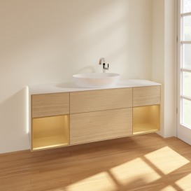 Тумба под раковину Villeroy & Boch Finion 160х50,1 см с подсветкой МДФ шпон дуба/стекло белое матовое G981HFPC