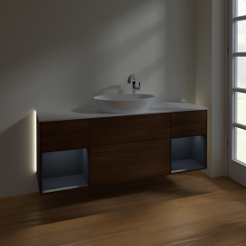 Тумба под раковину Villeroy & Boch Finion 160х50,1 см с подсветкой МДФ шпон грецкого ореха/стекло белое матовое G981HGGN