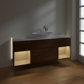 Тумба под раковину Villeroy & Boch Finion 160х50,1 см с подсветкой МДФ шпон грецкого ореха/стекло белое матовое G981PCGN