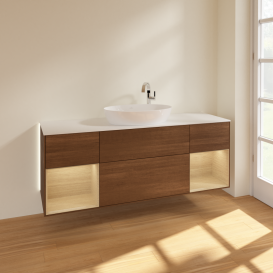 Тумба под раковину Villeroy & Boch Finion 160х50,1 см с подсветкой МДФ шпон грецкого ореха/стекло белое матовое G981PCGN