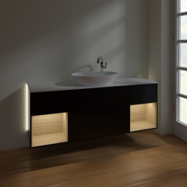 Тумба под раковину Villeroy & Boch Finion 160х50,1 см с подсветкой МДФ черный матовый лак/стекло белое матовое G981PCPD