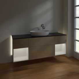 Тумба под раковину Villeroy & Boch Finion 160х50,1 см с подсветкой МДФ шпон дуба/стекло черное матовое G982GFPC