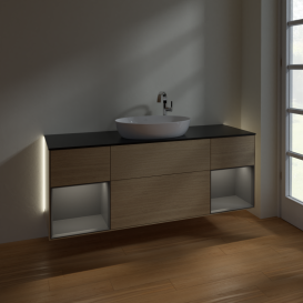 Тумба под раковину Villeroy & Boch Finion 160х50,1 см с подсветкой МДФ шпон дуба/стекло черное матовое G982GKPC