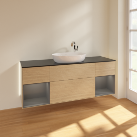 Тумба под раковину Villeroy & Boch Finion 160х50,1 см с подсветкой МДФ шпон дуба/стекло черное матовое G982GKPC