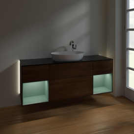 Тумба под раковину Villeroy & Boch Finion 160х50,1 см с подсветкой МДФ шпон грецкого ореха/стекло черное матовое G982GMGN