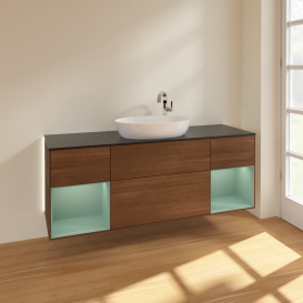 Тумба под раковину Villeroy & Boch Finion 160х50,1 см с подсветкой МДФ шпон грецкого ореха/стекло черное матовое G982GMGN