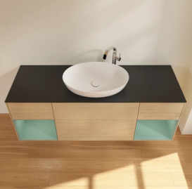 Тумба под раковину Villeroy & Boch Finion 160х50,1 см с подсветкой МДФ шпон дуба/стекло черное матовое G982GMPC